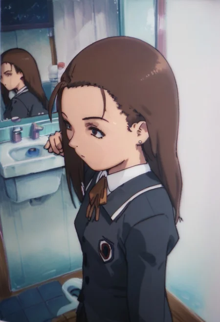 score_9, score_8_up, score_7_up, score_6, source_anime, iwakura mika, ((school uniform)), chibi, from above side view, (((entering sanitary restroom with mirrors and sinks))), sanitary restroom background, ((night, darkness, pitch dark, obscure, darkness, shadow))