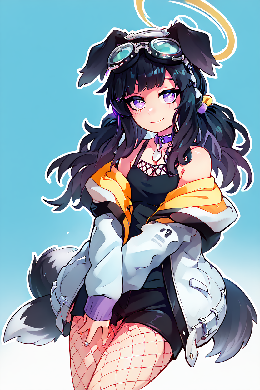 score_9, score_8_up, score_8, medium breasts, (curvy), cute, eyelashes,       BREAK, , ,,, zzHibiki, yellow eyes, black hair, long hair, animal ears, dog ears, dog tail, halo, (black shirt), white jacket, open jacket, black shorts, boots, fishnet pantyhose, off-shoulder, dog tags, purple eyes, <lora:Hibiki_BlueArchive_PDXL_v2:0.8>,   ,,,, BREAK, smile, looking at viewer, ,,, abstract background, white outline, cowboy shot, ,,, embedding:zPDXL, Expressiveh, ,,, <lora:theOtherHalfPDXL:0.8>, <lora:CatalystStylePDXL:0.6>, <lora:SDXLFaeTastic2400:0.5>, <lora:Expressive_H-000001:0.4>,