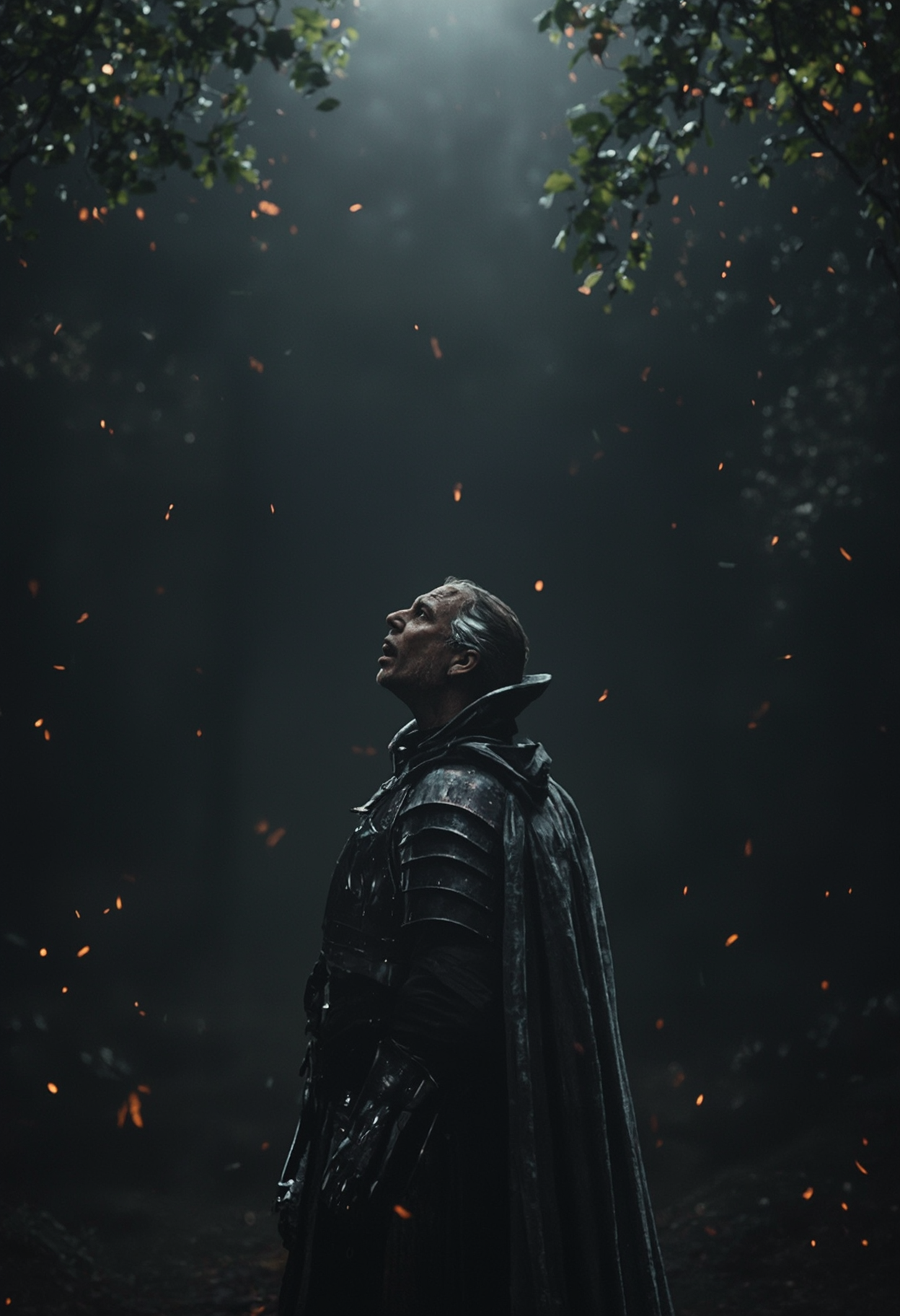 cinematic quality, ultra high resolution image quality, intricate textures, In the depths of the night, a lone figure stands tall, his armor gleaming in the dim light. The knight, clad in a cloak and cloak, stands before him, his eyes fixed on the horizon. The scene is set in a dimly lit room, with a single spotlight shining on the knight's face. The air is thick with the scent of burning wood and the sound of rustling leaves fills the air. The figure's face is contorted in a symphony of awe and wonder, as if he has been a part of the world for centuries.
