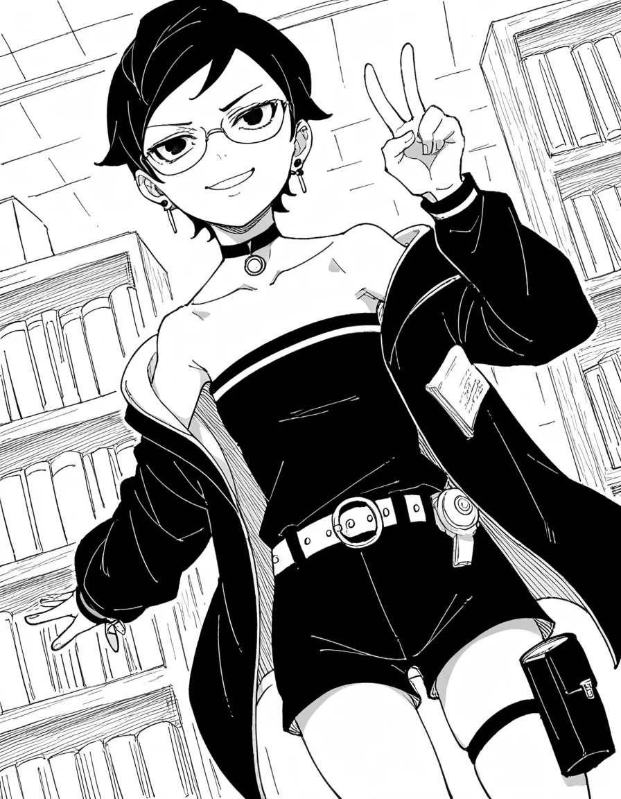 score_9, score_8_up, score_7_up, source_anime, <lora:sarada-uchiha-two-blue-vortex-manga-ponyxl-lora-nochekaiser:1>, sarada uchiha, short hair, black hair, glasses, black eyes,, monochrome, greyscale, bare shoulders, jewelry, collarbone, jacket, earrings, shorts, choker, belt, black dress, black jacket, strapless, thigh strap, black shorts, strapless dress, holster, thigh holster, thigh pouch, bookstore, browsing shelves, new book smell, finding a favorite, quiet atmosphere, smile, v, v over mouth, smug,, looking at viewer, solo,, dutch angle, cowboy shot