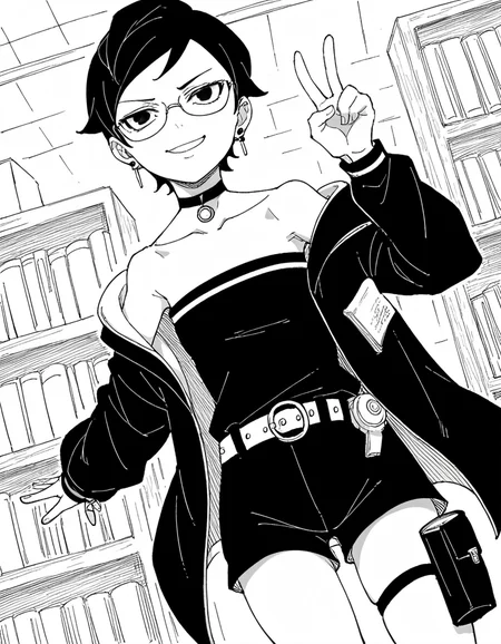 score_9, score_8_up, score_7_up, source_anime, <lora:sarada-uchiha-two-blue-vortex-manga-ponyxl-lora-nochekaiser:1>, sarada uchiha, short hair, black hair, glasses, black eyes,, monochrome, greyscale, bare shoulders, jewelry, collarbone, jacket, earrings, shorts, choker, belt, black dress, black jacket, strapless, thigh strap, black shorts, strapless dress, holster, thigh holster, thigh pouch, bookstore, browsing shelves, new book smell, finding a favorite, quiet atmosphere, smile, v, v over mouth, smug,, looking at viewer, solo,, dutch angle, cowboy shot