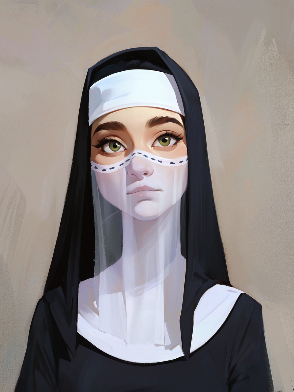 score_9, score_8_up, score_7_up,
1girl, (portrait:0.9), (latina:1.2), (pale skin:0.8), (18 years old:0.9), (young:0.9), 
nun, veil, dress, bodysuit, sheer, transparent, see through, (frills:0.4), (laces:0.8), (straps:0.4),
(medium breasts:0.4), (saggy breasts:0.6), (brown eyes:0.2), (thick eyebrows:0.7),
black hair, (bangs:0.2), (blush:0.2), (freckles:0.2), (gothic:0.1), (goth girl:0.1), (ahegao:0.3)
(looking at viewer:0.8), (facing viewer:0.9), (upper-body:0.9), (medium shot:0.9),
(realistic style:0.6), (ultra-detailed:0.8), (sunny:0.8), (shadow:0.3), <lora:Graphic_Portrait:0.9> <lora:incase_style_v3-1_ponyxl_ilff:0.32> <lora:[GP]Thicc_Style_XL_[Pony_XL]:0.38> <lora:[GP]_Bongfill_Style_[Pony_XL]:0.22> <lora:Organic_Sauce_epoch_13:0.28> <lora:gr33kd0ll:0.0> <lora:torogao_v4-000010:0.0> <lora:LowRA:0.0>
