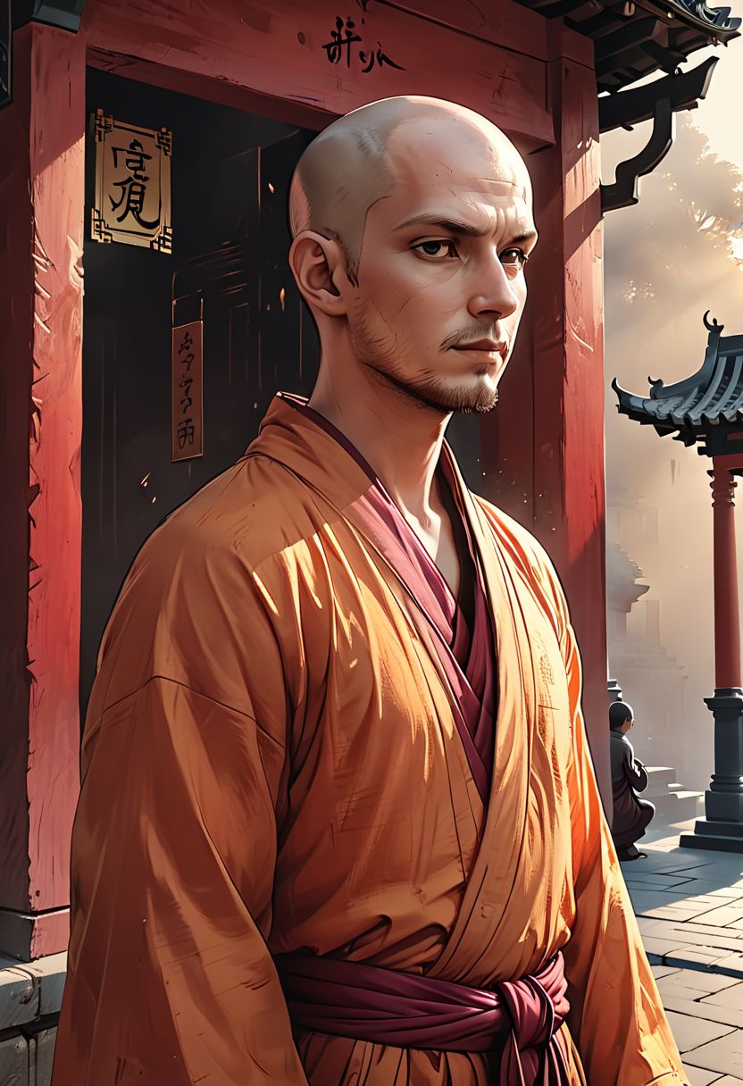 Bald man,
a bald Buddhist monk in a robe stands in a pose of worship near the temple gate,
8k, IMax, hyperrealism, perfect light, small depth of field, masterpiece, high resolution, best quality, cinematic shot, ultra-detailed, Hyperrealistic art, high-quality, ultra high res, highest detailed, lot of details, Extremely high-resolution details, incredibly lifelike, atmospheric perspective (focus on face), soft light, colourful, soft cinematic light, (perfect skin), ((2d)), (graphic style of novel comics),