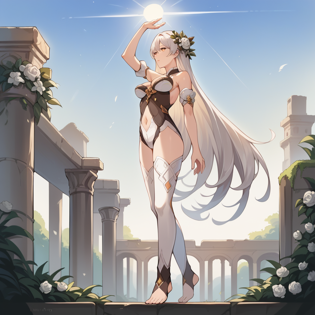 score_9_up, score_8_up, score_7_up, score_6_up, source_anime, 1girl, solo, HoV, HoV_Magic, masterpiece, best quality, sun light, face focus, perfect face, face close up,, close up, floating, from side, full body, looking up, from below, field of depth, raised arm above head, toeless footwear, long hair, white hair, yellow eyes, hair between eyes, navel, bare shoulders, white thighhighs, white leotard, hair flower, white flower, mature body, dynamic cowboy shot, outdoors, white roses, ancient ruins, garden background