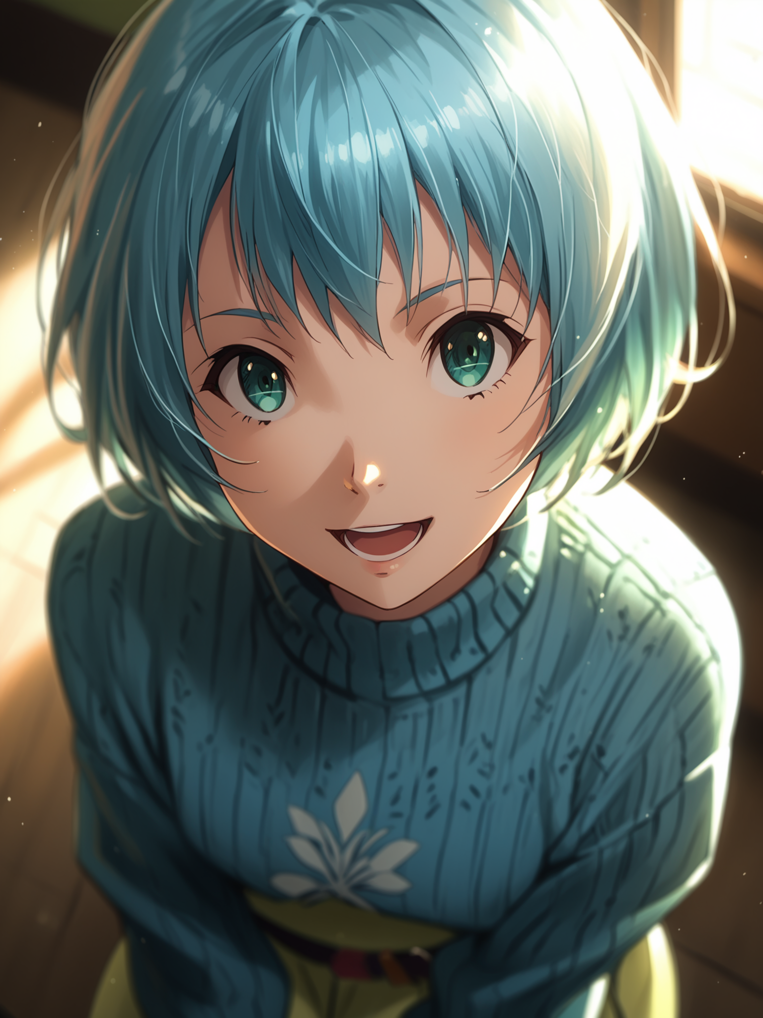 <lora:happy_tentacle-lelei-v0.1-000020:1>, ht_lelei, blue hair, blue sweater , cowboy shot, 1girl, (petite:1.2), solo focus, smile, open mouth, (looking at viewer:1.1), indoors , backlighting, (depth of field:0.8), from above, [(realistic, photorealistic:1.2):(realistic:1.3):22], [(3d:1.2)::10], <lora:LUUNA's Lunas-NijiJourney-SDXL-B2:0.5>, nijijourney, <lora:prgfrg23's Counterfeit-V3.0 Style SDXL_LoRA_Pony Diffusion V6 XL:0.35> score_9, score_8_up, score_7_up, score_6_up, score_5_up, score_4_up,