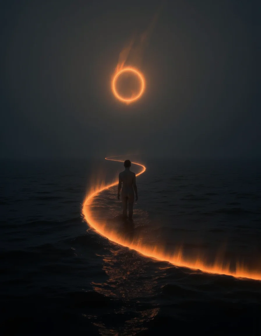 A photo-realistic shoot from a far camera angle about a silhouette of a person standing in the middle of the image, surrounded by a glowing halo over a vast expanse of dark blue water. the image also shows a single halo in the sky, casting a warm orange glow over the water, creating a long, flowing trail of light behind the figure. the figure, who appears to be a young adult, stands in the center of the frame, facing away from the viewer, with a calm, serene expression on their face. they are completely nude, with no clothing or accessories on, and their hair is styled in a neat, tidy manner. the halo is a circular shape, resembling a sun, and is partially obscured by a thick layer of fog, giving the image a mysterious and ethereal quality. the background is a dark, foggy sky, and the overall mood is one of calmness and serenity, with the figure standing out against the dark, reflective surface of the water. <lora:landscape:1>