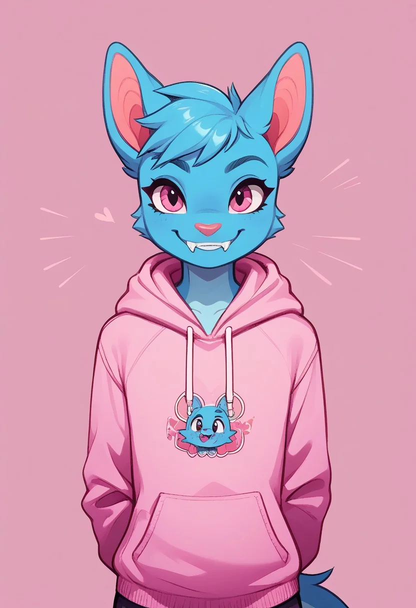 (easynegative 1) dragon, anthro, furry, young, miniature, male, o, blue body, girly, very wide smile, fangs, smirk, hoodie, hands behind back, solo, looking at, cute, , good_hands