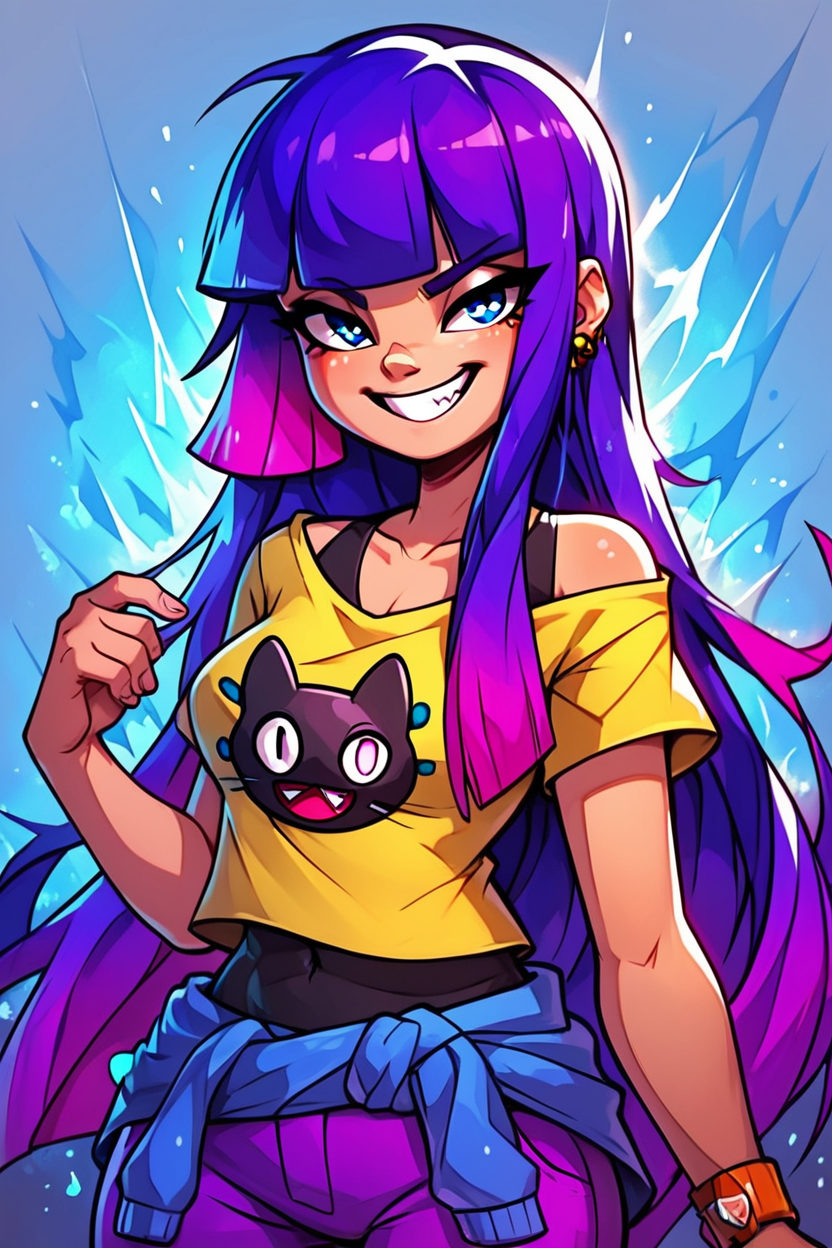 score_9, score_8_up, score_8, medium breasts, (curvy), cute, eyelashes,       BREAK, ,  ,,, zzMiko, long hair, purple hair, blunt bangs, multicolored hair, yellow shirt, short sleeves, t-shirt, print shirt, off shoulder, animal print, jewelry, purple pants, blue jacket around waist,  <lora:MikoKubota_PDXL_v2:0.8>,  ,,,  , BREAK, embedding:zPDXL, Expressiveh, ,,, <lora:EnergyCAT:1.0>, solo, smile, looking at viewer, aura, blue sky, ,,, <lora:SDXLFaeTastic2400:0.5>, <lora:Expressive_H-000001:0.4>,