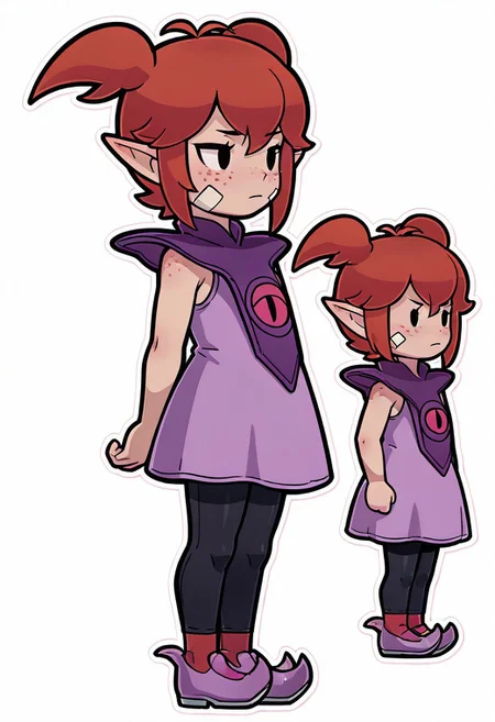masterpiece, best quality, absurdres, Chibi, solid oval eyes, Outline, 1girl, female focus, solo, DQB_DT, red hair, antenna hair, short twintails, sidelocks, pointy ears, hair between eyes, freckles, bandaid on cheek, sleeveless dress, pink dress, purple capelet, black leggings, red socks, pointy shoes, purple footwear,( from side:0.7), simple background, white background, short