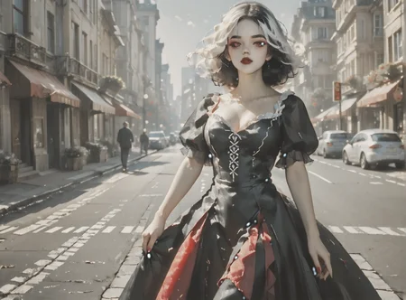 score_9, score_8_up, score_7_up, setting focus, character in foreground, establishing shot, woman, pale skin, large breasts, <lora:sm0k3XLP:1>, <lora:goth_clothes:1>, vampire dress, black details, red lining, Black hair, white highlights, <lora:nashidrop:1>, <lora:Eldritch_Universe_Style:1>,