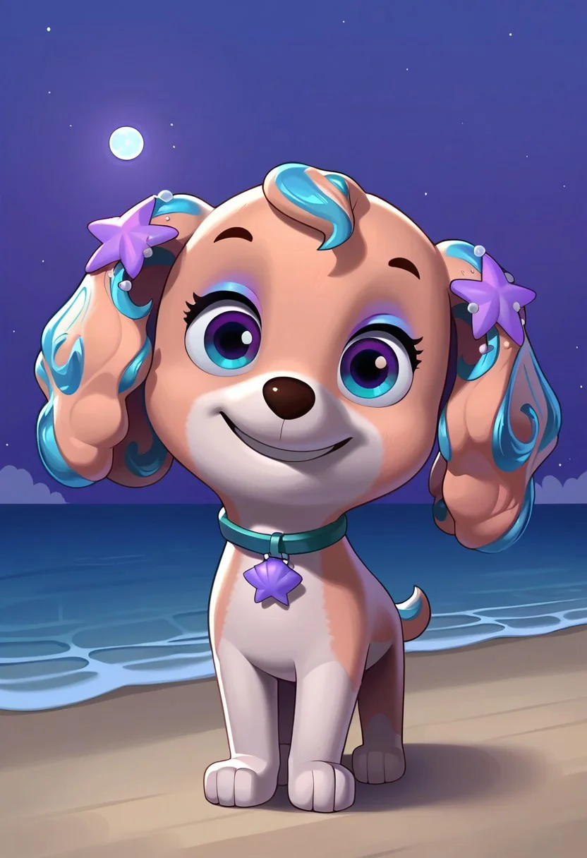 BREAK score_9, score_8_up, score_7_up, source_anime, 1girl, solo, Coral_PP, feral, dog, two-tone fur, cinnamon-white, fluffy ears, blue locks, purple stars decorations, blue eyeshadow, two-tone eyes, purple-blue, beach background, ocean, night, blue sky, moon, stars, full body, (creativity:1.4), (smile:1.4), cute,