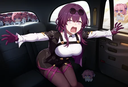 score_9, score_8_up, score_7_up BREAK source_anime,  <lora:kafka_hsr_xypher_pdxl_v1:0.9> kafka, no pupils, eyewear on head, collared shirt, chest harness, jacket on shoulders, purple gloves, high-waist shorts, pantyhose under shorts, thigh straps, long sleeves,  <lora:FakeTaxiMeme_XLPD:0.8> fake taxi, car interior, sitting, ground vehicle,  <lora:concept_aquascreaming_ponyXL:1> aquascreaming, screaming, open mouth, crying with eyes open, reaching towards viewer, leaning forward, outstretched arms