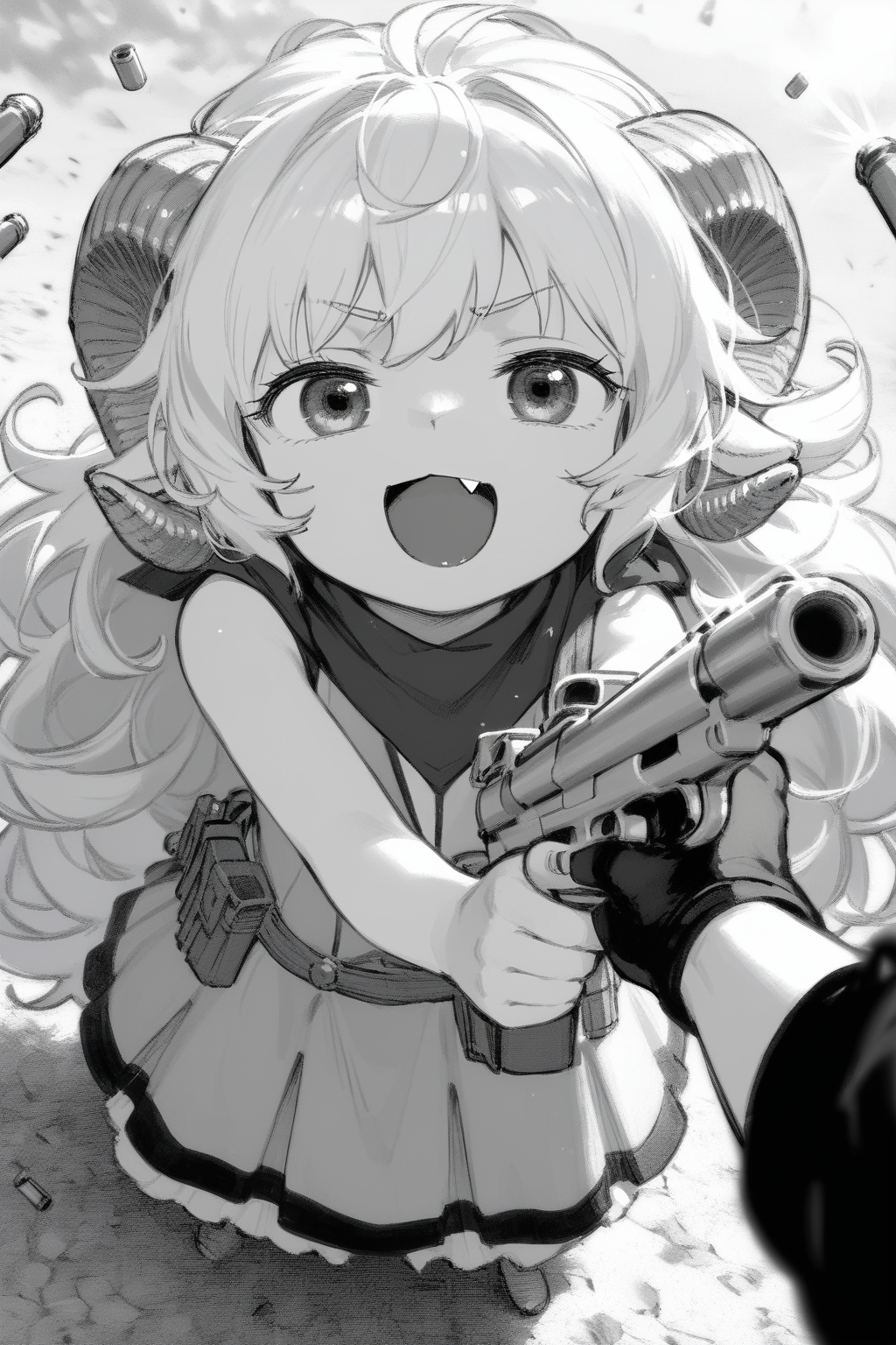 P90, holding gun,firing, shell casing, muzzle flash, casing ejection, bullet, aiming, 
looking up at viewer, smug, open mouth, fang, randoseru,
high angle shot, height difference, looking up at viewer, head tilt,
lauriescooper, sheep horns, very long hair, fluffy hair, white hair, sheep girl, young, messy hair, happy, outdoors,
(black and white, manga effect :1.2),
(score_9,score_8_up, score_7_up), zPDXL2, 4k,(dream illustration:1.2),(dynamic angle shot:1.4), (detailed skin texture:1.1), cinematic lighting,
<lora:Laurie:0.8>, <lora:add_detail:0.6>, <lora:P90_XL_v1:0.7>,