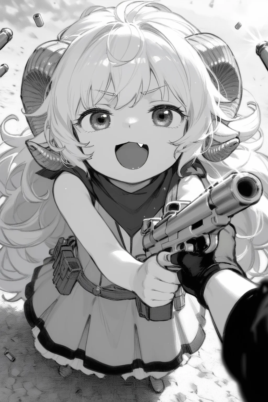 P90, holding gun,firing, shell casing, muzzle flash, casing ejection, bullet, aiming, 
looking up at viewer, smug, open mouth, fang, randoseru,
high angle shot, height difference, looking up at viewer, head tilt,
lauriescooper, sheep horns, very long hair, fluffy hair, white hair, sheep girl, young, messy hair, happy, outdoors,
(black and white, manga effect :1.2),
(score_9,score_8_up, score_7_up), zPDXL2, 4k,(dream illustration:1.2),(dynamic angle shot:1.4), (detailed skin texture:1.1), cinematic lighting,
<lora:Laurie:0.8>, <lora:add_detail:0.6>, <lora:P90_XL_v1:0.7>,