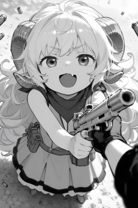 P90, holding gun,firing, shell casing, muzzle flash, casing ejection, bullet, aiming, 
looking up at viewer, smug, open mouth, fang, randoseru,
high angle shot, height difference, looking up at viewer, head tilt,
lauriescooper, sheep horns, very long hair, fluffy hair, white hair, sheep girl, young, messy hair, happy, outdoors,
(black and white, manga effect :1.2),
(score_9,score_8_up, score_7_up), zPDXL2, 4k,(dream illustration:1.2),(dynamic angle shot:1.4), (detailed skin texture:1.1), cinematic lighting,
<lora:Laurie:0.8>, <lora:add_detail:0.6>, <lora:P90_XL_v1:0.7>,