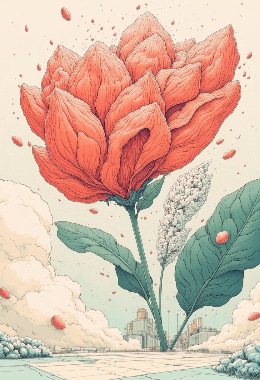 A minimalist, bichromatic red green, abstract hand-drawn style using only clean, organic shapes to create structure and definition. [An image with intricate cross-hatching, dense linework, and stippling for rich textures and shading. Incorporate smooth, organic details like fog and coastal, arranged with deliberate precision to convey realism and control.]. The rendering relies on bright, open spaces and crisp whites, avoiding deep shadows, for a polished, weightless aesthetic. Figures and forms are softened, natural, and delicate, enhancing a serene, harmonious tone. The careful balance of light line weight and gentle gradients removes visual tension, resulting in a calm, atmospheric composition with an odd, quiet charm.