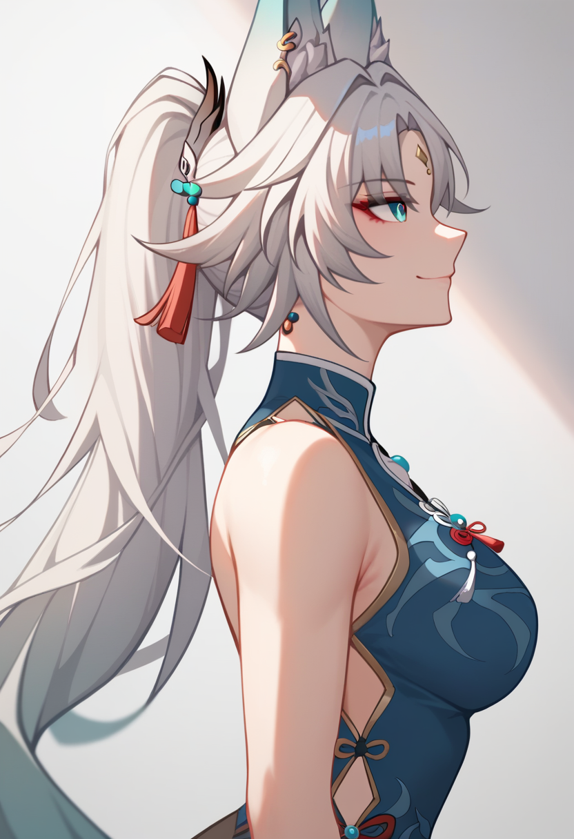 score_9,score_8_up,score_7_up,<lora:feixiao_v2:1>,red_eyeliner, looking_ahead, sleeveless_shirt, smile, 1girl, hashtag-only_commentary, fox_girl, feixiao_\(honkai:_star_rail\), closed_mouth, bare_shoulders, profile, blue_shirt, highres, solo, no_jacket, large_breasts, from_side