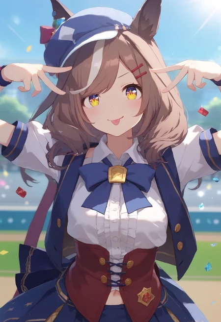 1girl, solo, <lora:tan.pony:1> tan, <lora:pose_aihoshinopose_ponyXL:1> aihoshinopose, double v, tongue out,score_9,score_8_up,score_7_up, masterpiece, best quality,
