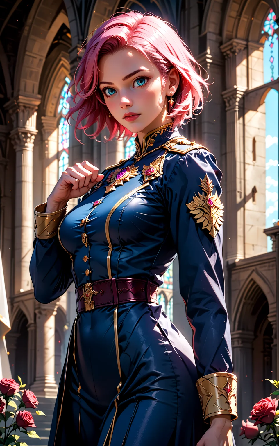 score_9, score_8_up, score_7_up, 
steadfast woman with pink hair, standing guard with sword at the ready, red roses surrounding her, vigilant expression, soft lighting, vibrant colors, high contrast, hyper-realistic, strong pose, detailed, high-definition, protective, cinematic, calm, poised, regal atmosphere
noblewoman, military uniform, long sleeves,  short hair,  grand cathedral, raised hand