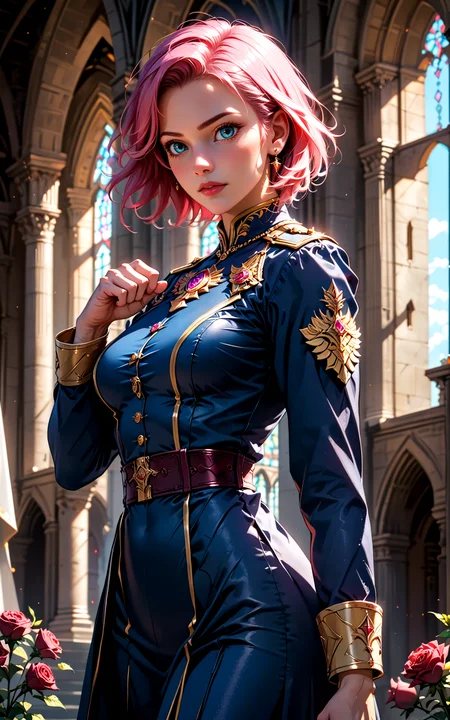 score_9, score_8_up, score_7_up,
steadfast woman with pink hair, standing guard with sword at the ready, red roses surrounding her, vigilant expression, soft lighting, vibrant colors, high contrast, hyper-realistic, strong pose, detailed, high-definition, protective, cinematic, calm, poised, regal atmosphere
noblewoman, military uniform, long sleeves, short hair, grand cathedral, raised hand