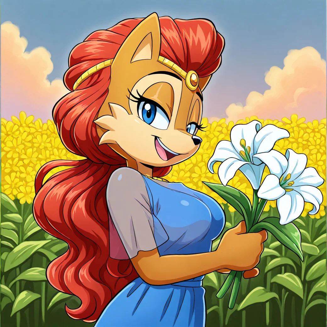 (masterpiece), (best quality), (ultra-detailed), amazing quality, very aesthetic, illustration, perfect composition, intricate details, absurdres, incredibly absurdres, aliciaacorn, 1girl, solo, long hair, breasts, looking at viewer, smile, open mouth, shirt, dress, holding, animal ears, breasts, upper body, flower, short sleeves, teeth, shiny, outside, clouds, garden, see-through, looking to the side, hands up, blue dress, half-closed eyes, happy, tiara, blue shirt, white flower, furry, cropped torso, holding flower, animal nose, lily \(flower\), two-tone fur, daisy, tulip, body fur, brown fur, two tone fur, red hair, blue eyes, furry female <lora:alicia_acorn_illustrious:1>