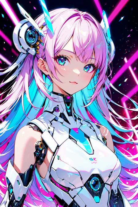 Jed-rbt, 1girl, cinematic angle,  :3, looking at viewer, scifi hair ornaments, energy hair, Futuristic fashion, tube, Futuristic, chromatic aberration, Kawaii, [(blue-white background:1.2)::0.2], (neon luminescence background:1.2), illustration, incredibly absurdres, ultra detailed, masterpiece, best quality,[<lora:detailed_notrigger:0.95>::0.5], [:<lora:detailed_hands:1.05>:0.5],<lora:RoboStyle:1>