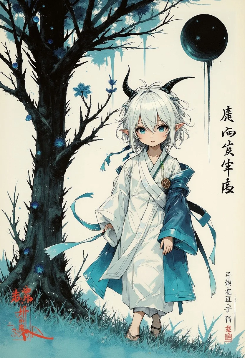 manga illustrations, anime, ukiyo-e, ink block print, muted tones, digital ink block effect, flat colors, faded colors, limited color palette, faded, hatching, pencil shading, chiaroscuro, kanji ink splatter, girl walking to tree, white messy long hair with bob-like layers, (elf ears showing through hair), jewellery, hair ribbons, black horns, crystal blue eyes, kimono hanging off shoulder, ice blue-dripping black moon, mythology