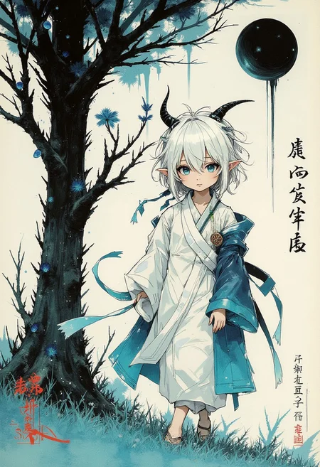 manga illustrations, anime, ukiyo-e, ink block print, muted tones, digital ink block effect, flat colors, faded colors, limited color palette, faded, hatching, pencil shading, chiaroscuro, kanji ink splatter, girl walking to tree, white messy long hair with bob-like layers, (elf ears showing through hair), jewellery, hair ribbons, black horns, crystal blue eyes, kimono hanging off shoulder, ice blue-dripping black moon, mythology