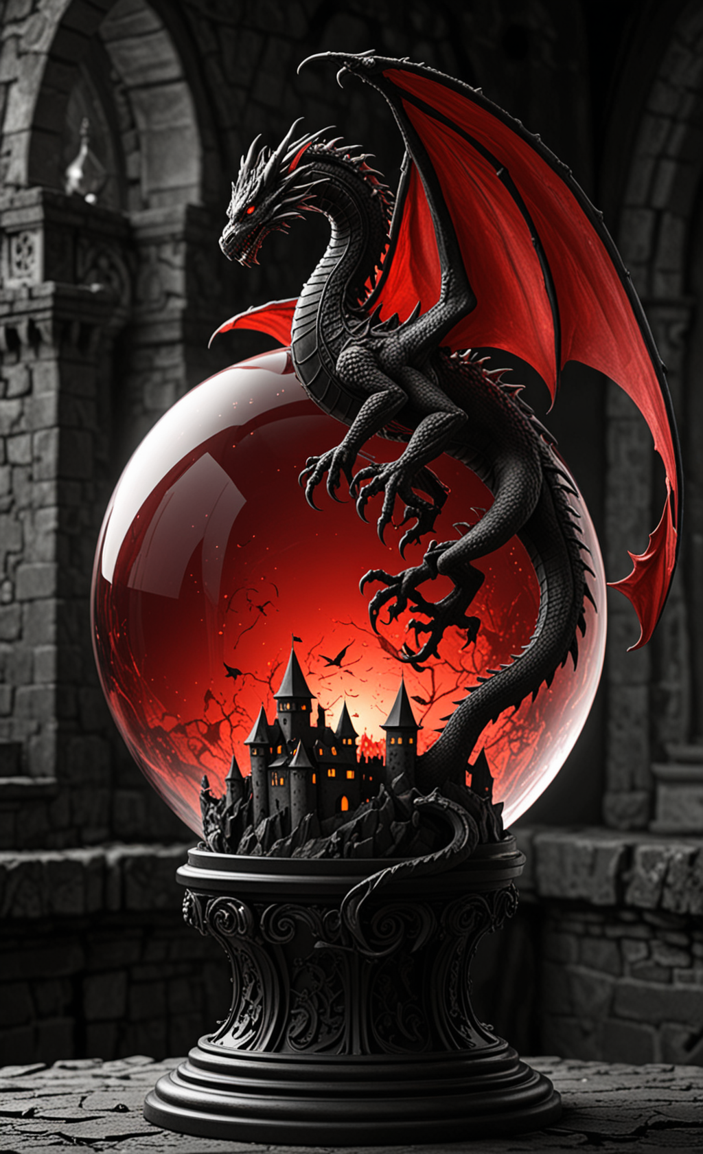 A  glass sphere sculpture, concealed inside the sphere is a Dragon flying over a castle, Fantasy, in the dark, detailed image, 8k high quality detailed, the moon, shaped sphere, amazing wallpaper, digital painting highly detailed, 8k UHD detailed oil painting, beautiful art UHD, focus on full glass sphere, bokeh,  background Modifiers: extremely detailed Award winning photography, fantasy studio lighting, photorealistic very attractive beautiful imperial colours ultra detailed 3D, (Extremely Intricate), UHD,  <lora:Black__White_One_Accent_Color_-_By_Dice:0.6>, (Black and white image, Red Accent)