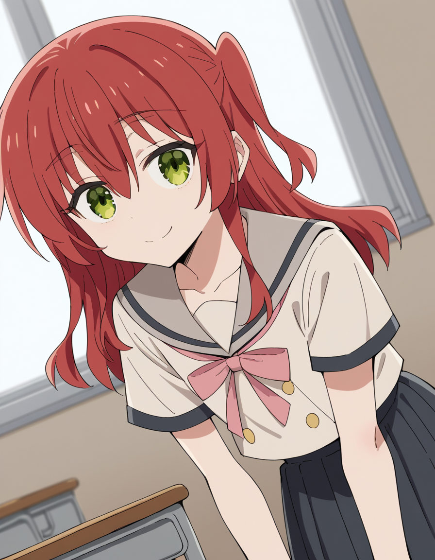 score_9, score_8_up, score_7_up, source_anime,
kitaikuyo, <lora:ikuyo-kita-s1-ponyxl-lora-nochekaiser:1>,
ikuyo kita, green eyes, hair between eyes, long hair, one side up, red hair,
black skirt, grey sailor collar, pleated skirt, sailor collar, school uniform, short sleeves, shuka high school uniform, skirt,
indoors, classroom, bent over, smile,
cowboy shot, solo, dutch angle, looking at viewer,