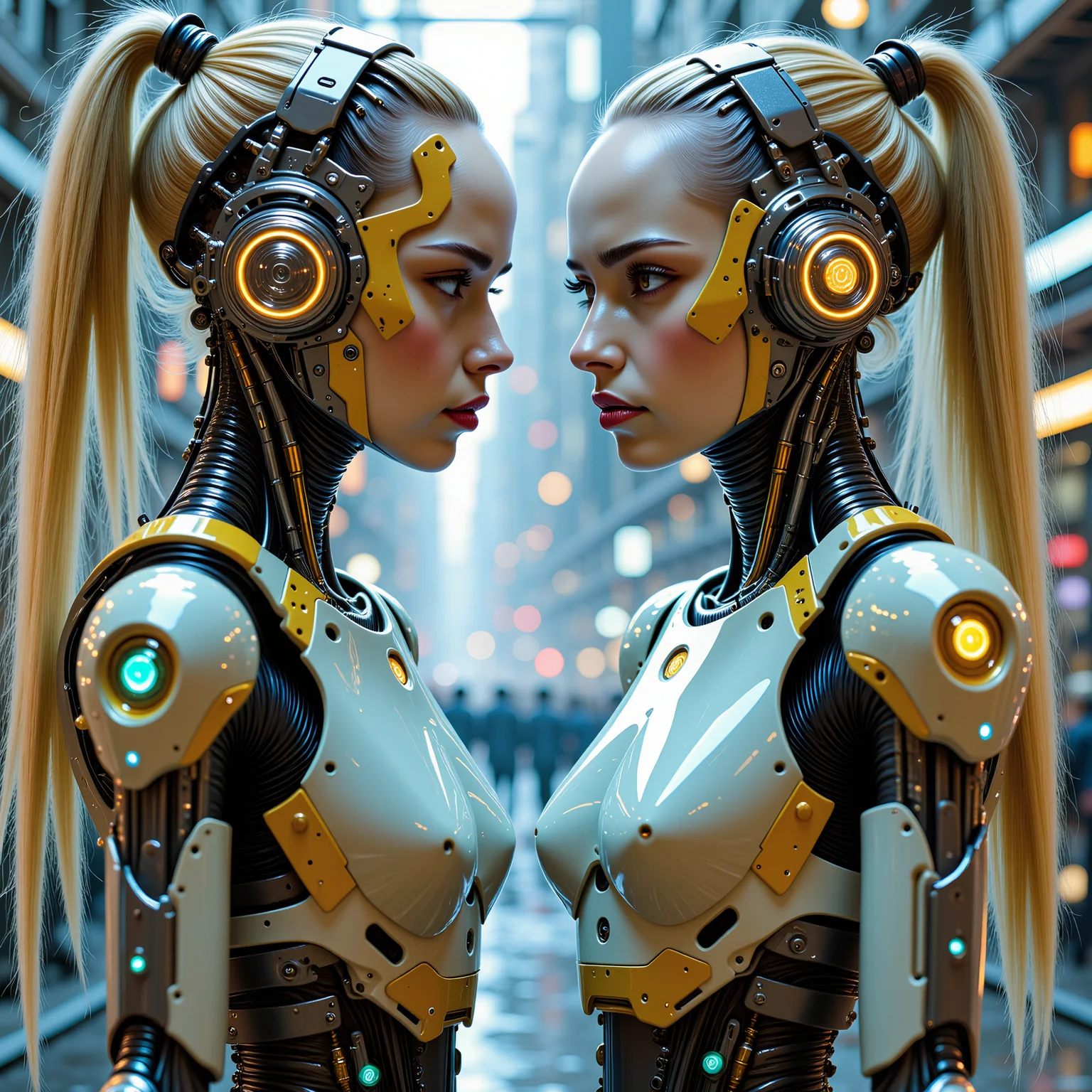 cybotix, a pair of futuristic identical women with ponytails, the words 'DEE TWEEDLE DUM' written on a ribbon at the top of the picture