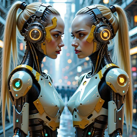 cybotix, a pair of futuristic identical women with ponytails, the words 'DEE TWEEDLE DUM' written on a ribbon at the top of the picture