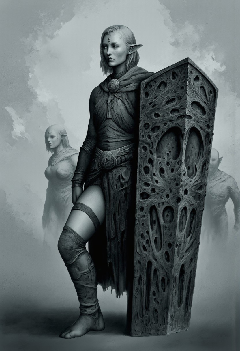 MikeFranchinastyle, Surreal art, d4artstyle, d4concept, , made of clay, aidmaMJ6.1, ZBClay model of a gray sculpture, Kentaro Miura, berserk style, H.R. Giger
character with a mysterious and stoic presence, standing confidently in a dramatic pose. The character has short, wavy hair that partially covers their eyes, giving an air of mystery. They have pointed elf-like ears and are dressed in a form-fitting, minimal outfit that includes a cloak draped behind them, adding movement and depth to their silhouette. One thigh has a dark strap, contrasting against the rest of their outfit, while the character's bare feet suggest a grounded, almost primal essence. They hold a large, oversized shield with a simple but striking design. Capture the character’s intensity through strong contrast, emphasizing shadows and sharp angles, lending an edgy and intense feel to the scene.
Background solid color with a faded dimly lit, fog-covered darkness tone that emphasizes its silhouette. The medium is not a traditional painting or illustrative medium like watercolor or ink but rather a digital rendering, eerie and unsettling.