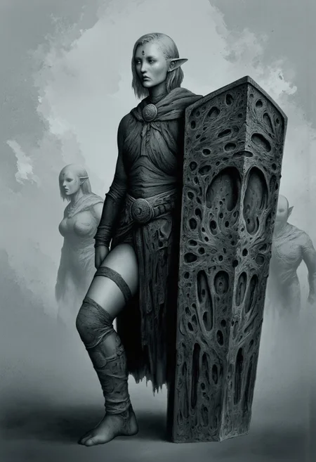 MikeFranchinastyle, Surreal art, d4artstyle, d4concept, , made of clay, aidmaMJ6.1, ZBClay model of a gray sculpture, Kentaro Miura, berserk style, H.R. Giger
character with a mysterious and stoic presence, standing confidently in a dramatic pose. The character has short, wavy hair that partially covers their eyes, giving an air of mystery. They have pointed elf-like ears and are dressed in a form-fitting, minimal outfit that includes a cloak draped behind them, adding movement and depth to their silhouette. One thigh has a dark strap, contrasting against the rest of their outfit, while the character's bare feet suggest a grounded, almost primal essence. They hold a large, oversized shield with a simple but striking design. Capture the character’s intensity through strong contrast, emphasizing shadows and sharp angles, lending an edgy and intense feel to the scene.
Background solid color with a faded dimly lit, fog-covered darkness tone that emphasizes its silhouette. The medium is not a traditional painting or illustrative medium like watercolor or ink but rather a digital rendering, eerie and unsettling.