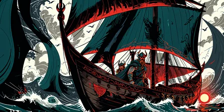<lora:The_Pulp_Session:0.8><lora:Michelangelo_Michelangelo_Paintings_High_Renaissance-000008 (1):0.8>portrait, one line drawing, sketch .A digital illustration of a dramatic and intense scene featuring a Viking ship at sea. The ship is intricately designed with Norse engravings and is being led by a fierce Viking warrior with glowing red eyes, wearing a helmet with horns. The ship sails on tumultuous sea waves under a dark, stormy sky. The warriors on the ship are equipped with shields and ready for battle. The color palette is dominated by a deep teal color, specifically using the hexadecimal color code