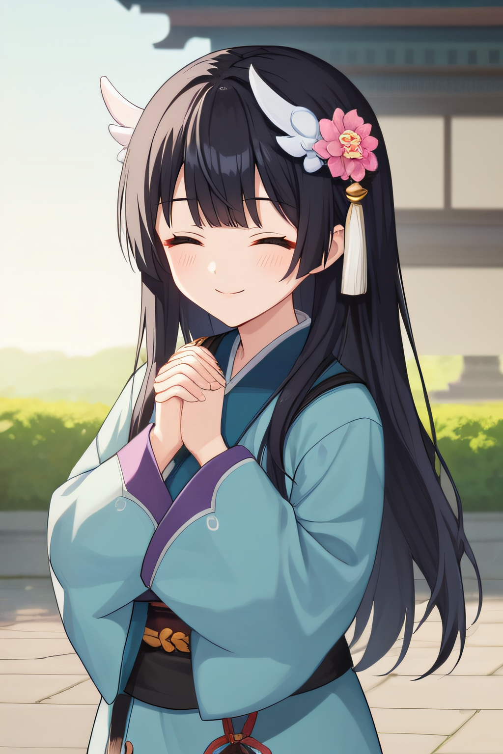 score_9, score_8_up, score_7_up, source_anime, rating_safe, intricate details, anime screencap, official style, 1girl, <lora:Yue:1>, yue, black hair, closed eyes, long hair, hair ornament, flower ornament, light blue kimono, black sash, wide sleeves, long sleeves, white thighhighs, outdoor, looking at viewer, smile, upper body, hands clasped, hands up