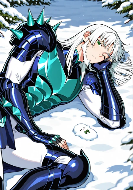 SSTHR, 1boy, male focus, toned male, medium hair, white hair, beard, green eyes, blunt cut, chin guard, teal spikes, phecd armor, fingerless gauntlets, thighhigh greaves, white bodysuit, outdoors, lying down, snow, snow print, ;<, one eye closed, looking at viewer,
masterpiece, best quality, amazing quality
