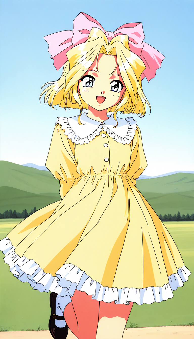 masterpiece, best quality, good quality, <lora:Iris_Chateaubriand_IS:1>IrisChateaubriand, blonde hair, pink bow, blue eyes, hair bow, short hair, bow, Yellow dress,
cowboy Shot, mary janes, frills, open mouth, 1990s (style), standing, smile, happy,
outdoor, sky, day,