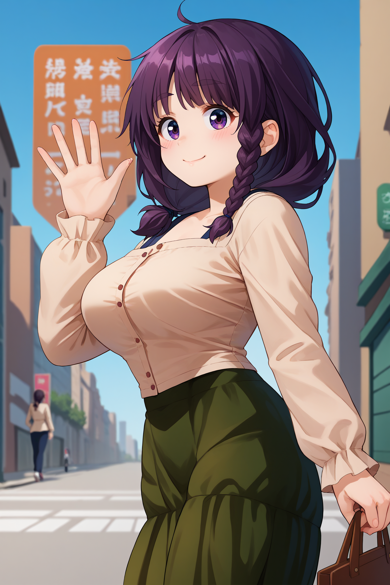 score_9, score_8_up, score_7_up, score_6_up, source_anime, 1girl, solo <lora:mayumatsukaze-pdxl-nvwls-v1-000005:1> nkmm, purple hair, black hair, braid, hair over shoulder, purple eyes, beige cardigan, buttons, long sleeves, green skirt, long skirt, large breasts, smile, closed mouth, blush, waving, from side, city, blue sky