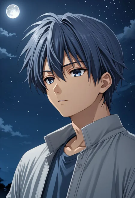 high resolution, solo, best quality, 1Boy, Tomoya Okazaki, Grey Blue Hair, Grey Blue Eyes, open space, night sky, moon, OverallDetail