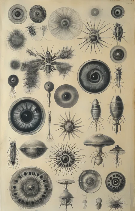 masterpiece,best quality,<lora:tbh248-sdxl:0.8>,illustration,style of Micrographia,cell:1.5,Microscopic compound eye,
