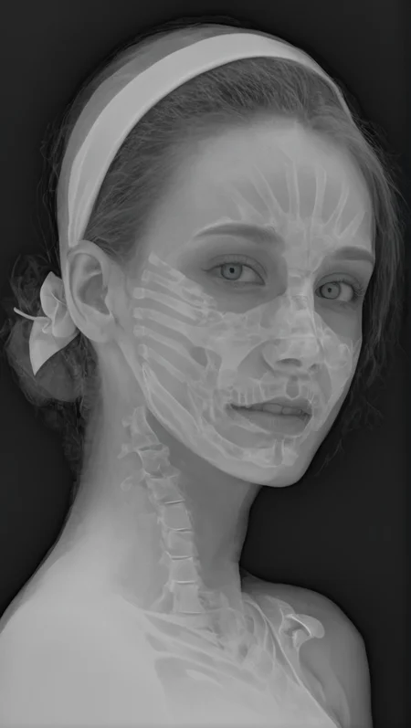 x-ray, xray, greyscale, vaporwave neon theme, photograph of a cute girl, byCharles Schridde, yamer_xray, monochrome, simple background, 1other, border, out of frame, black background, fingernails, 1girl, (ivory, Terragen but extremely beautiful:1.2), Futuristic style, sleek, modern, ultramodern, high tech, detailed, photography, detailed skin, insane smile, looking at viewer, pokemon (creature), bandana, green eyes, <lora:Yamer_X-RAY-000005:1.2>