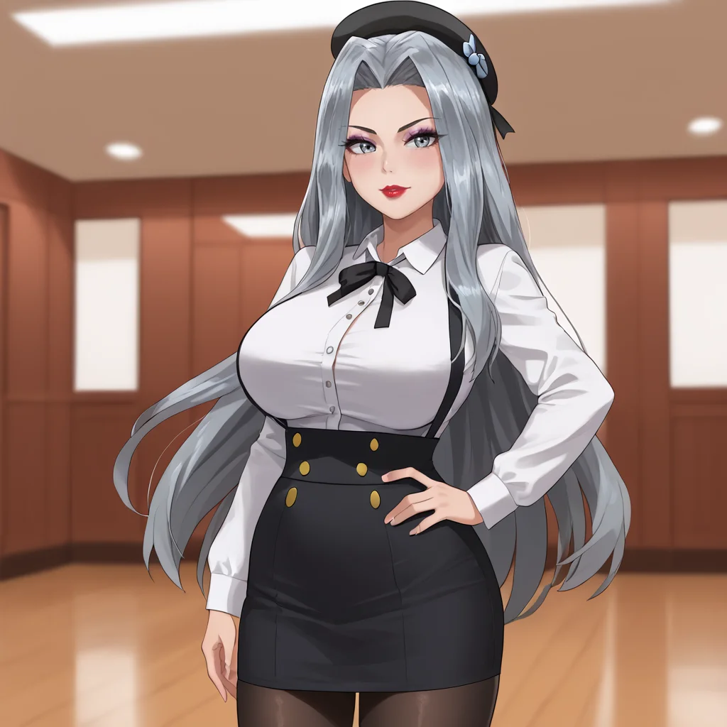 <lora:karenpokemon_pony_v1:.8>  KarenPokemon, 1girl, solo, long hair,large breasts, grey eyes, grey hair, eyelashes, lipstick,eyeshadow, cowboy shot,  <lora:0902 Home wear 5_v1_pony:1> ruanyi0902,beret,black ribbon,collared shirt,black pantyhose,high-waist skirt,white shirt,suspenders