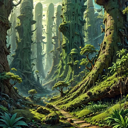 (territory, ritual, memory and future) The deforestation of the green areas is constantly threatening its biodiversity. FRESHIDESH Moebius comic book, BadDream, Style-Volumetric