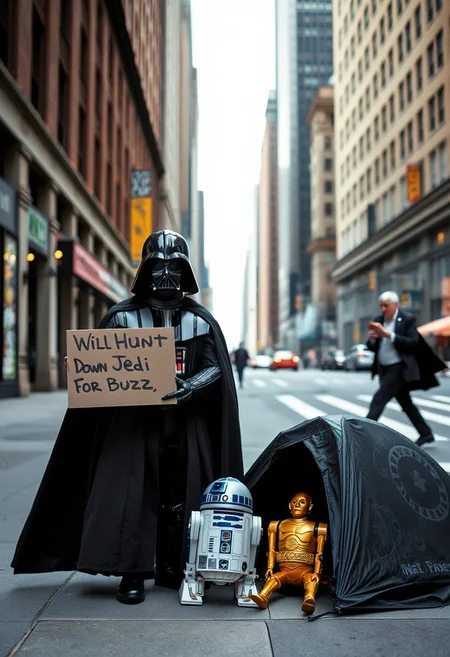 A high quality photo of a homeless Darth Vader standing in the streets of New York carrying a sign infront of him, the sign says ("Will Hunt Down Jedi For Buzz"), next to him on the ground there is a death star shaped tent and two life sized dolls of the two robots R2D2 and C3PO, film grain, exremely realistic, far far in the background Kenobi could be seen crossing the street while eating a hotdog sandwich in his hand unaware of the presence of Vader whose facing the viewer up close.