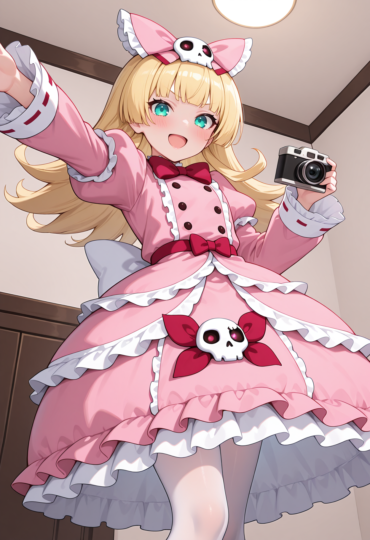 highres, best quality, masterpiece, indoors,
1girl, solo, npabness, long hair, blonde hair, aqua eyes, hair bow, skull hair ornament, 
pink dress, puffy sleeves, long sleeves, frilled dress, layered dress, skull ornament, ribbon, pantyhose, red bowtie,
looking at viewer, blush, smile, open mouth, 
standing, holding camera, outstretched arm, 
from below,
<lora:_abness_nep-elesico-ilxl-rev5:1>