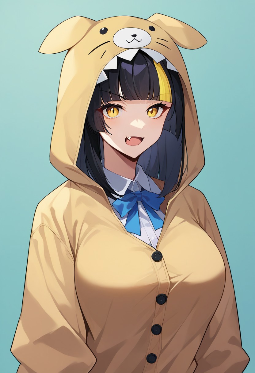 score_9, score_8, score_7, source_anime, onesie, ribbon, large breasts, :d, yellow eyes, upper body, fang, standing, black hair, streaked hair, blunt bangs