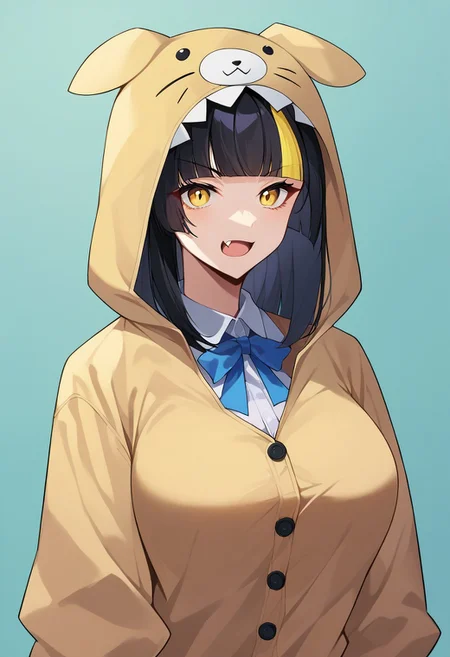 score_9, score_8, score_7, source_anime, onesie, ribbon, large breasts, :d, yellow eyes, upper body, fang, standing, black hair, streaked hair, blunt bangs