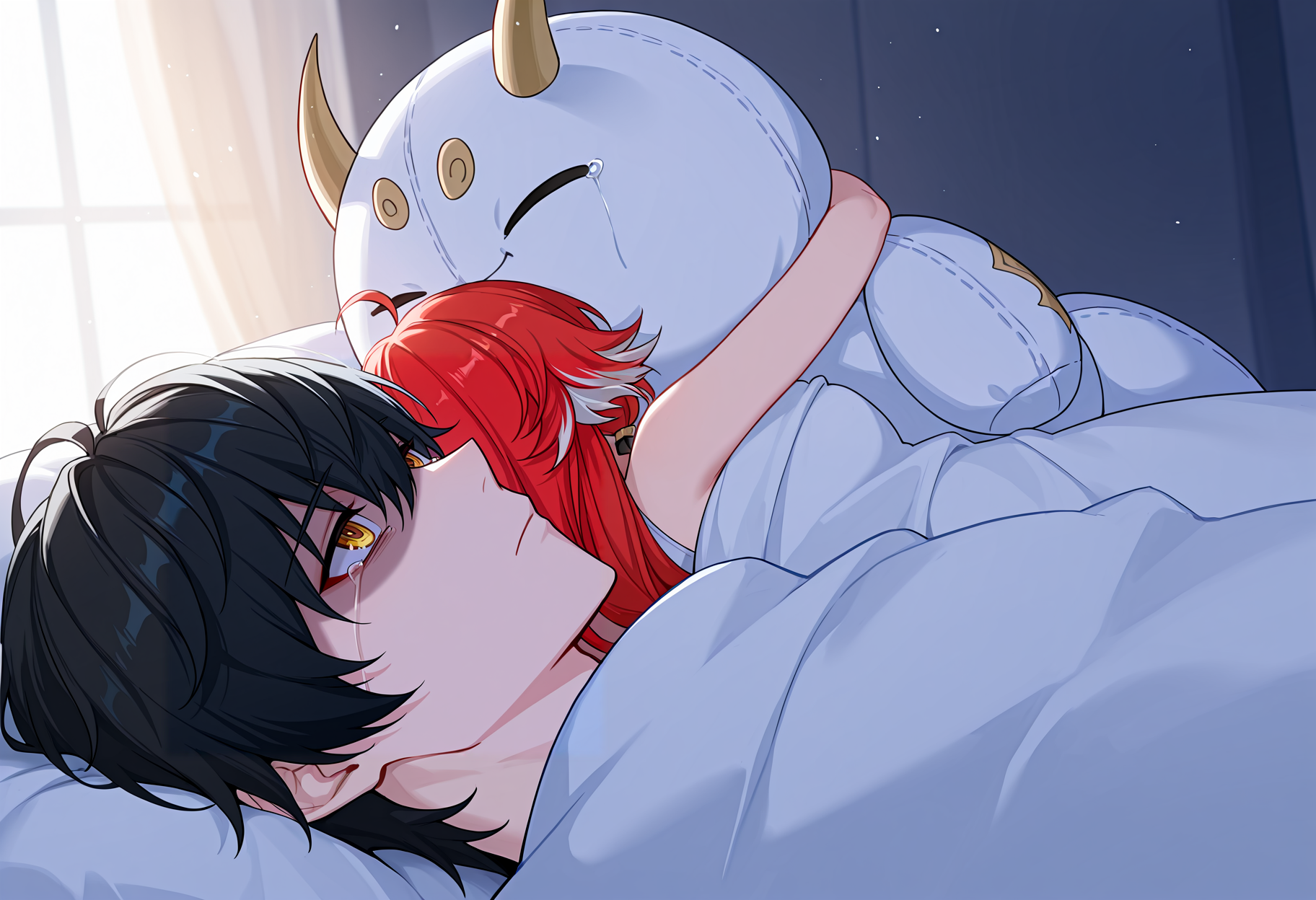 (masterpiece, best quality, amazing quality), absurdres, very awa, 500_dollar_four_foot_tall_mareep, 1girl, 1boy, under covers,
BREAK
changli \(wuthering waves\), sleeping, hugging object, large  size stuffed toy, size difference, 
BREAK
male rover \(wuthering waves\), closed mouth, tears, crying with eyes open, looking up, partially shaded face,
<lora:500_dollar_four_foot_tall_mareep_meme:1>