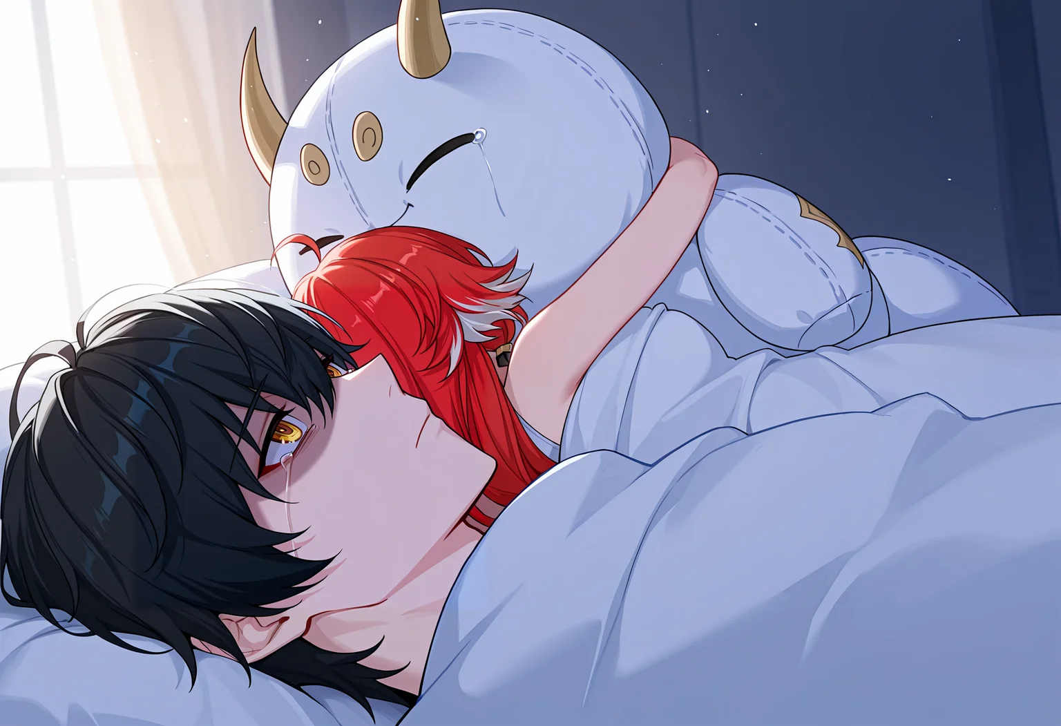 (masterpiece, best quality, amazing quality), absurdres, very awa, 500_dollar_four_foot_tall_mareep, 1girl, 1boy, under covers,
BREAK
changli \(wuthering waves\), sleeping, hugging object, large size stuffed toy, size difference,
BREAK
male rover \(wuthering waves\), closed mouth, tears, crying with eyes open, looking up, partially shaded face,
<lora:500_dollar_four_foot_tall_mareep_meme:1>